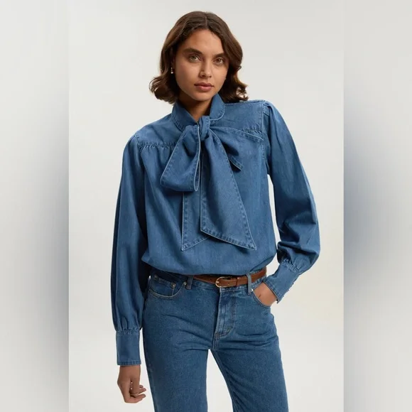 NWT KAREN MILLEN Denim Pussybow Blouse - Picture 1 of 9